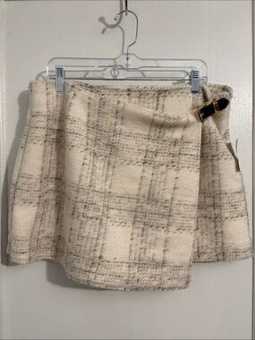 Dry Goods thread & supply Cream Plaid Wrap Mini Skirt with Buckle Detail